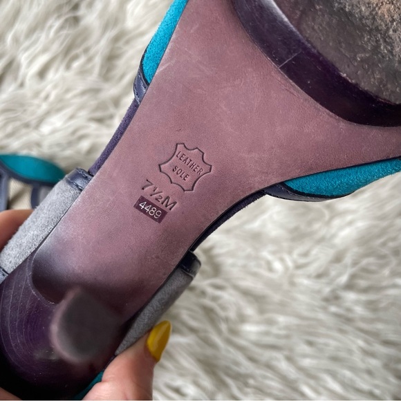 Tory Burch Color Block Mixed Media Blue Gray Suede Canvas Heeled Sandals Sz 7.5 - Picture 8 of 10